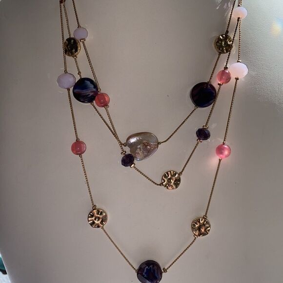 Multi-Strand Pink Purple Beaded Layered Floating Women’s Necklace - Picture 7 of 8